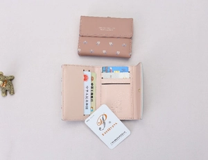 Internal layout of pink floral tri-fold leather wallet with card slots and ID window