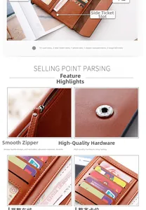 Detail view of large capacity brown leather wallet with multiple card slots and zipper pocket