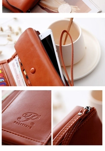 Detailed view of brown long leather wallet with multi-card slots and zippered pocket