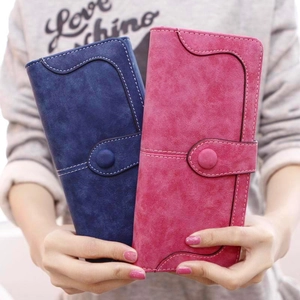 Women's long bifold wallets in matte frosted faux suede with decorative stitching