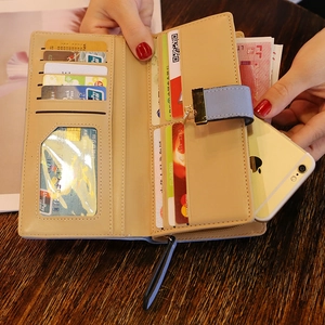Blue PU leather long wallet for women with leaf pendant and multi-card slots structure