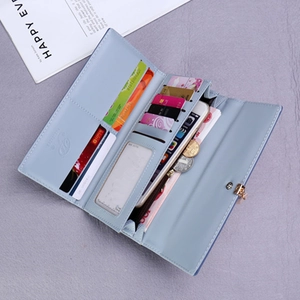 Long light blue PU leather trifold wallet with multiple card slots and leaf pendant detail