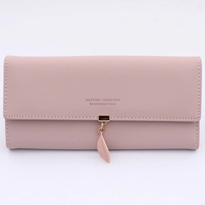 Pale pink long trifold faux leather wallet for women with golden buckle and leaf pendant