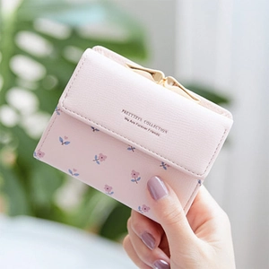 Women Floral Print Folded Short Wallet PU Leather Metal Frame Kiss Lock Coin Purse Portable Handbag Small Money Clip