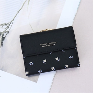 Short black floral PU leather wallet for women with golden text and metal clasp closure
