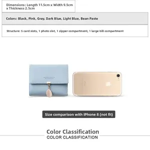 Short light blue PU leather leaf wallet size 11.5x9.5x2.5cm with internal structure details