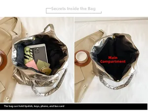 Dettaglio dell'interno di una borsa tote bronzo con spazio per tablet e piccoli oggetti