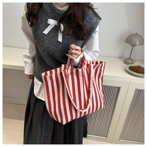 Detail of red and white striped canvas tote bag held by a model in a cozy interior