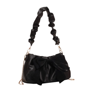 Borsa a spalla in PU nero con grande fiocco, tracolla arricciata e catena dorata
