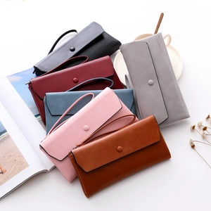 Multi-color large capacity women's long wallets with wristlet strap and round buckle