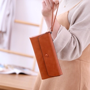 Women large capacity brown faux leather clutch wallet with wristlet and envelope flap