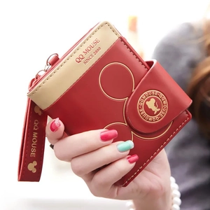 Red PU leather cartoon bifold wallet with mouse silhouette and wrist strap