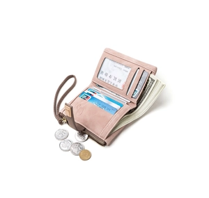 Pink matte leather wallet interior featuring multiple card slots and secure zip pocket