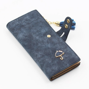 Deep blue faux leather long wallet for women with golden umbrella charm and tassel