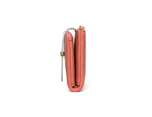 Detail view of pink compact wallet showing multi-layer fold design and gold zipper