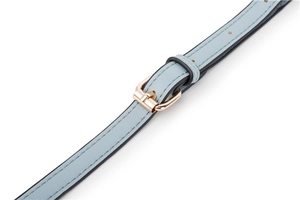 Detail of light blue lychee pattern leather shoulder strap with gold metal buckle