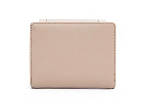 Close-up of beige PU leather wallet showing clean stitching and matte texture details