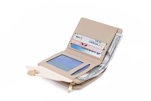 Detail view of khaki PU leather wallet interior with card slots and a metal zip pocket