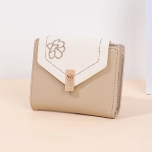 Women Fashion Short Wallet PU Leather Floral Embroidery Rose Metal Buckle Patchwork Tri-fold Multi-card Slot Clutch Purse