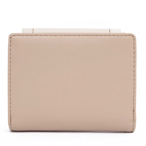 Detailed view of the beige tri-fold wallet with precise stitching and card slot texture