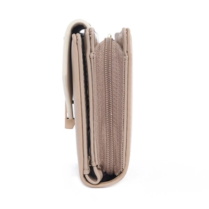 Side view of compact trifold faux leather wallet with khaki and cream color-blocking