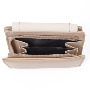 Macro view of beige bifold wallet showing multi-layer compartments and central zipper pocket