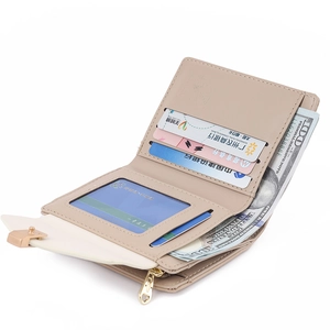 Interior layout of beige tri-fold wallet showing card slots, ID window and coin pocket