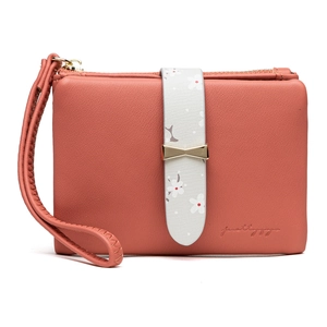 Pink lychee texture short wallet for women with golden bow and floral wrist strap