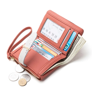 Women coral pink short bifold wallet with cherry blossom wristlet and gold bow clasp