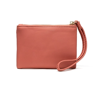 Minimalist coral pink zip-around coin purse with a braided wristlet strap and pebbled texture