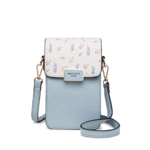 Sky blue and beige floral PU leather crossbody phone bag with gold clasp and leaf patterns