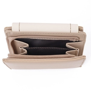 Women's tri-fold PU leather wallet in khaki and white with zipper and card slots
