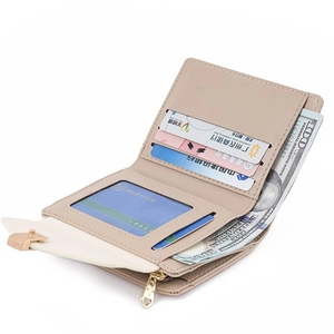 Women's tri-fold PU leather wallet in khaki with multi-card slots and heart zipper detail