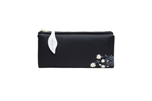 Detail of black PU leather wallet with daisy print and leaf-shaped zipper puller