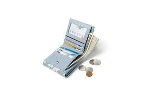 Light blue floral PU leather tri-fold wallet showing multiple card slots and cash capacity