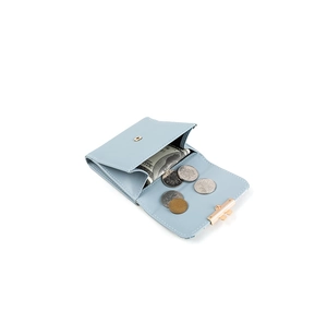Internal view of light blue PU leather wallet showing banknote and coin compartments