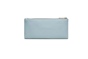 Detail of light blue faux leather long wallet featuring high-quality gold zipper and stitching
