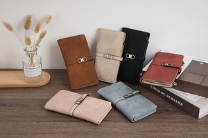 Vue détaillée de longs portefeuilles en cuir PU avec fermeture éclair et boucle en métal