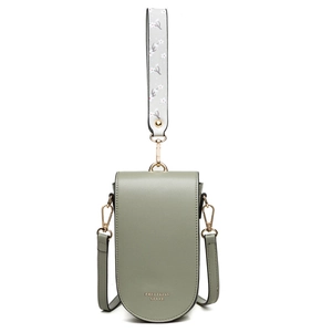 Mini borsa per cellulare verticale verde salvia in pelle con tracolla floreale e logo