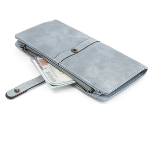 Détail du portefeuille long bleu clair avec fermeture éclair en bronze et bouton-pression