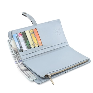 Portefeuille long femme en cuir PU bleu clair avec fentes cartes et poche zippée rétro