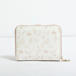 Cream white PU leather short wallet with pink floral print and gold zipper closure