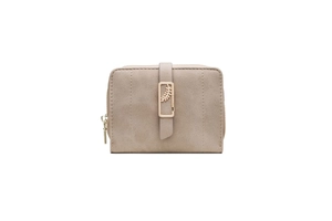 Detail of khaki frosted short wallet with vertical stitching and gold leaf clasp detail