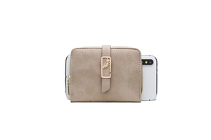 Close-up of khaki matte bifold wallet featuring leaf metal buckle and side zipper detail