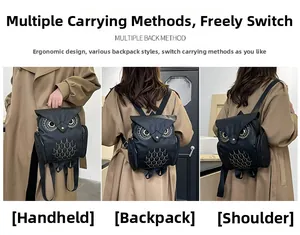 Détails du sac chouette noir montrant les modes porté main, épaule et à dos