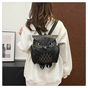 Sac à dos hibou en cuir PU noir à la mode avec broderie de plumes pour femmes