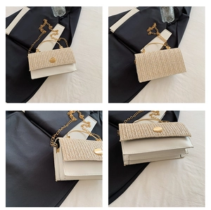 Vues multiples d'un sac bandoulière tissé avec poignée en métal doré et bandoulière chaîne