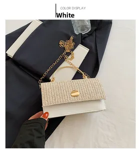 Détail du sac en paille tissée avec base en cuir blanc, poignée dorée et fermoir rotatif