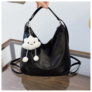 Women Large Capacity PU Leather Hobo Bag Retro Solid Color Shoulder Tote Bag Trendy Underarm Bag With Cloud Pendant