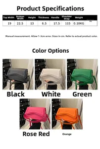 Size chart showing PU leather crossbody bag dimensions 22.5x13x6.5cm with handle and strap details